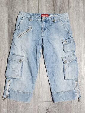 Vintage Y2K Union Bay 100% Cotton Denim Wide Leg Capri Cargo Pants Womens Size 3